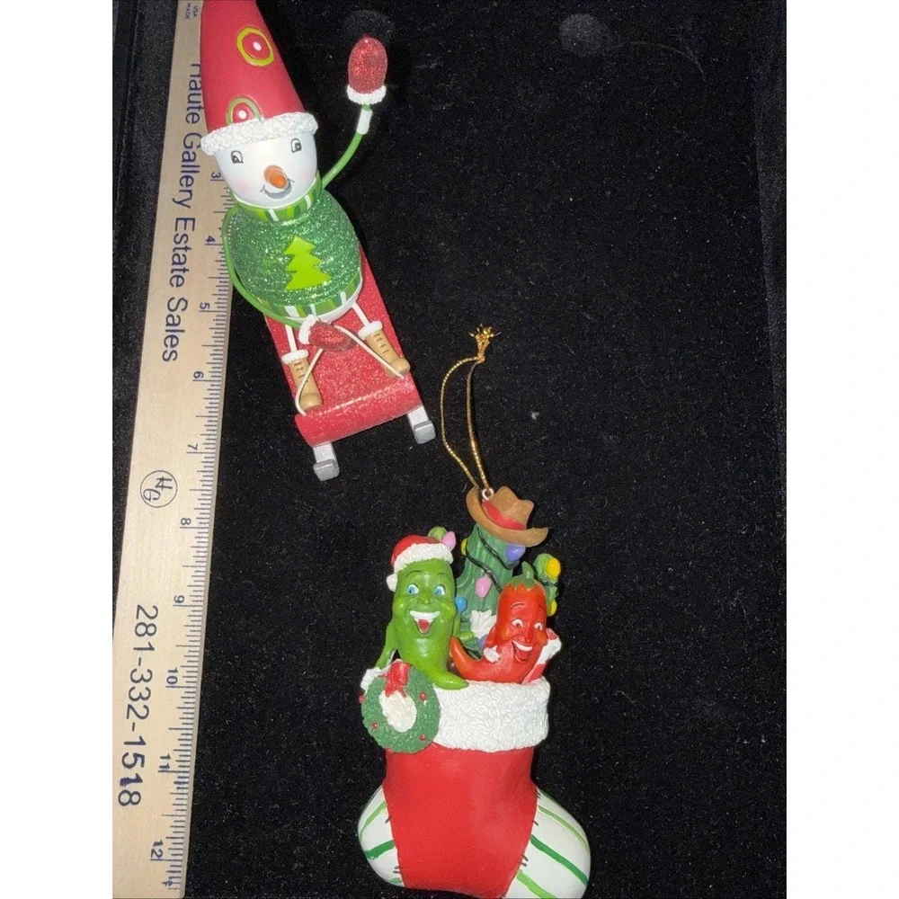 2 Vintage Santa Christmas Ornaments ‎ Decorations Stocking Sled Resin. 5585